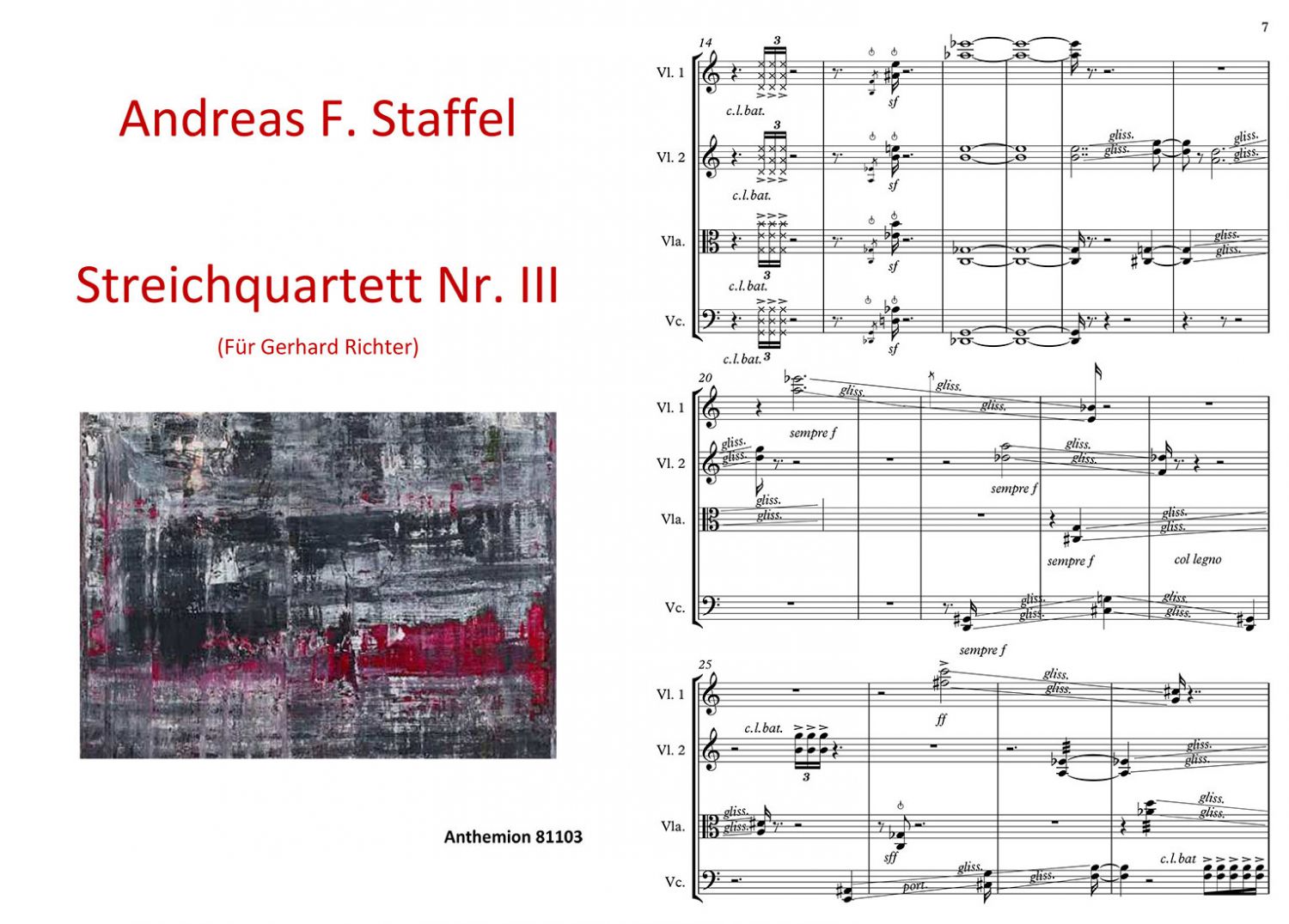 Streichquartett Nr. 3 (für Gerhard Richter), Deckblatt und Notenauschnitt